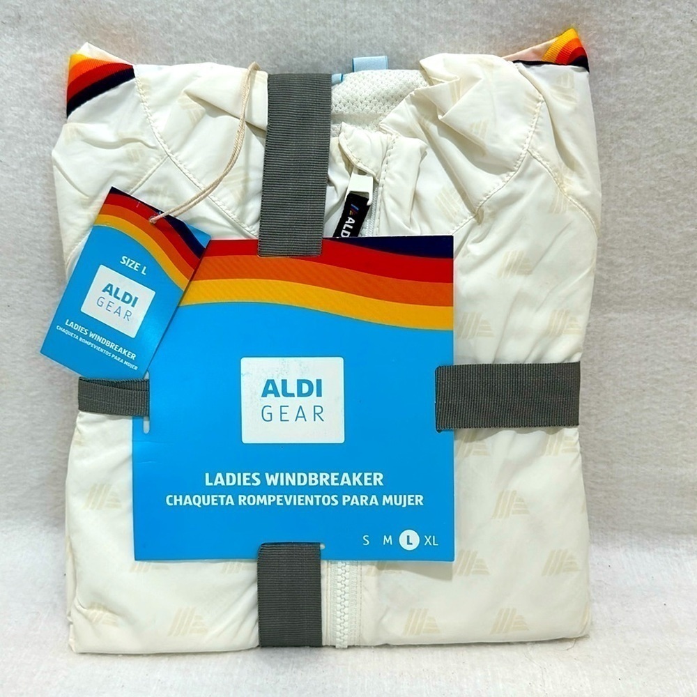 2024 Aldi Gear White Logo Windbreaker Lightweight Jacket drawstring waist Large 